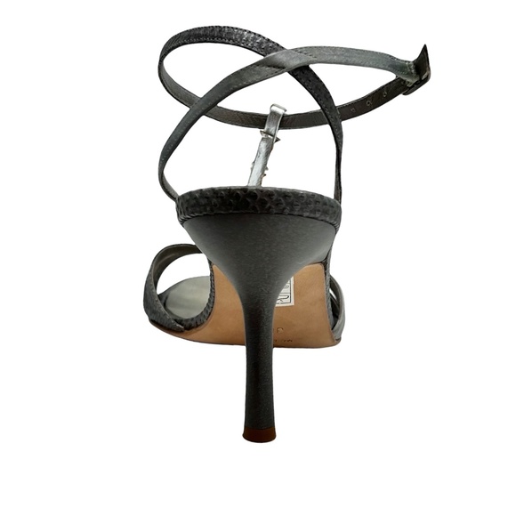 CHANEL LIZARD/SATIN GRAY CRYSTAL STAR & CC LOGO HEELED T-STRAP SANDALS - Picture 6 of 16